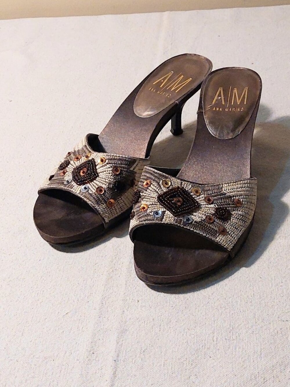 [VTG] Ann Marino Brown Satin Beaded Kitten Heels Mule Sandals Size 7.5